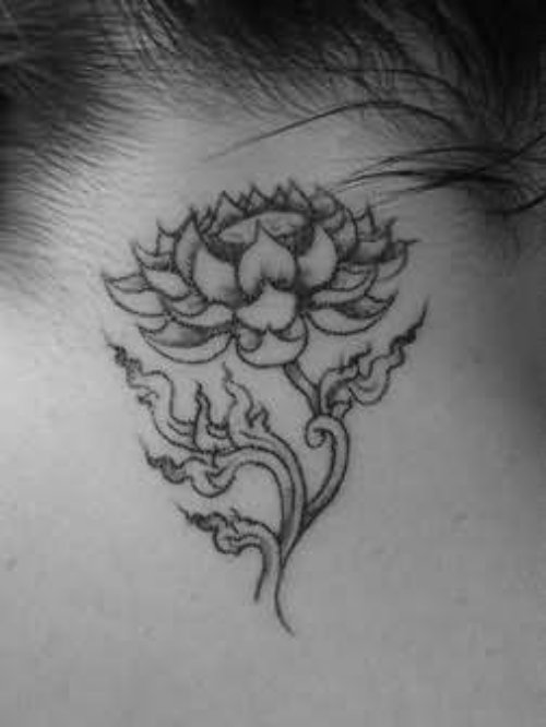 Girl Nape Black And White Flower Tattoo